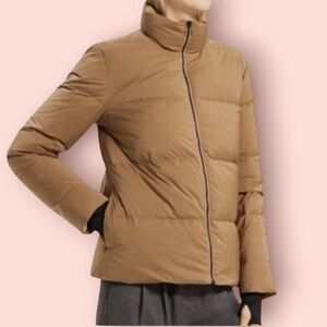 THEORY Stand Collar Puffer Zip Up Jacket in Golden Beige